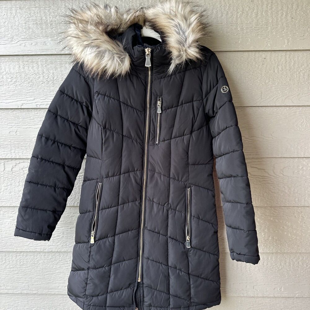 Calvin Klein Women’s Long Parka Medium Black Long Faux Fur Puffer Winter Coat